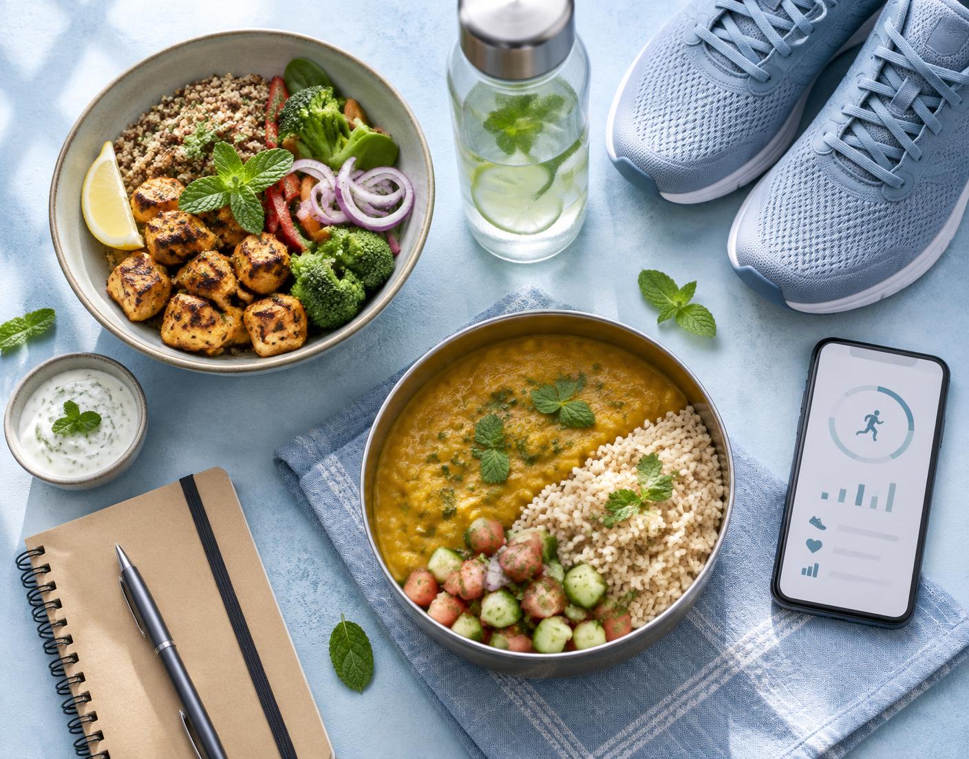 Healthy meal choices, water and training essentials